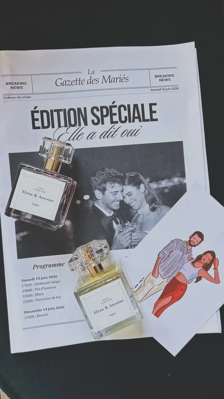 La gazette des mariés et les flacons personnalisés aux prénoms des mariés